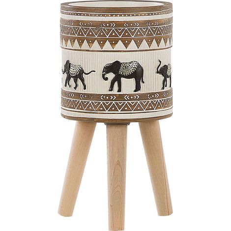 Vaso per Fiori Rialzato con Motivo ad Elefanti Beige e Marrone Kottes