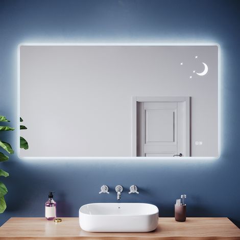 SIRHONA Miroir lumineux de salle de bain - Miroir de salle de bain antibuée à motif étoiles et lune, avec 3 couleurs d'éclairage, prise électrique intégrée, 140 x 80 cm