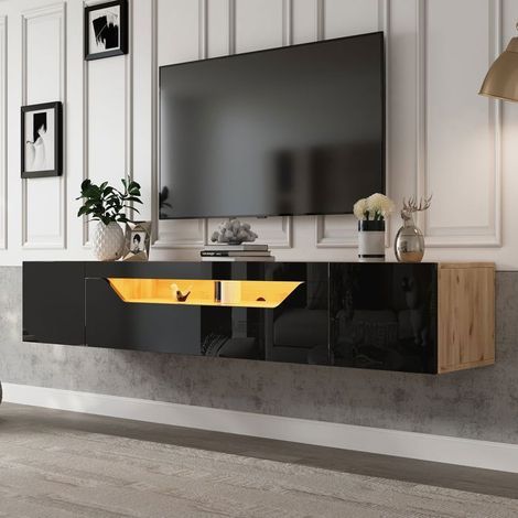 Meuble TV 1803736cm Mural Suspendu Noir et Bois avec LED et Rangement Contemporain (1/5)