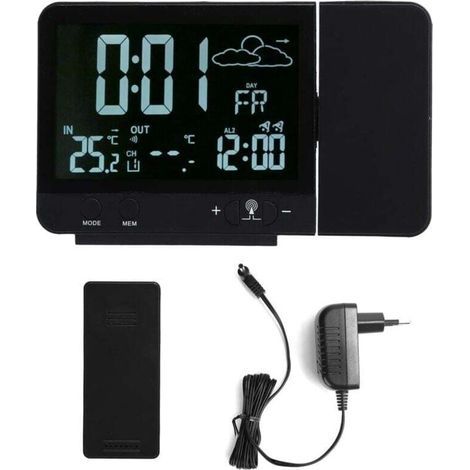 Digital Projection Alarm Clock Radio Ceiling Projection Alarm Clock with Weather Station, Wired Thermometer, Hygrometer, Temperature and Humidity Gauge, and Calendar for Bedrooms, 230V (1/4)