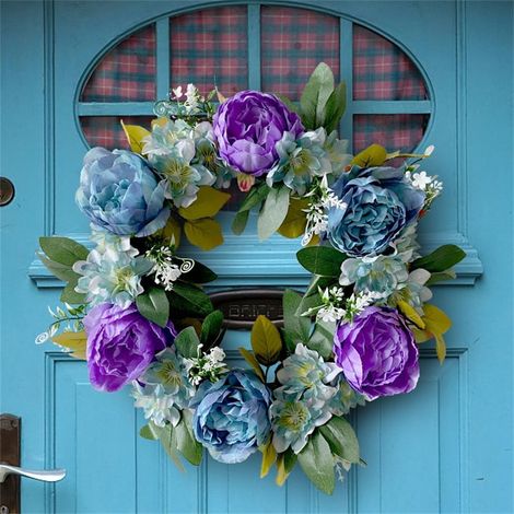 Guirlande Artificielle - Hydrangea Bleue Et Rose - 40 Cm De Diamètre - Pour Porte Intérieure Extérieure - Décoration De Saison - 1 Pièce (1/5)