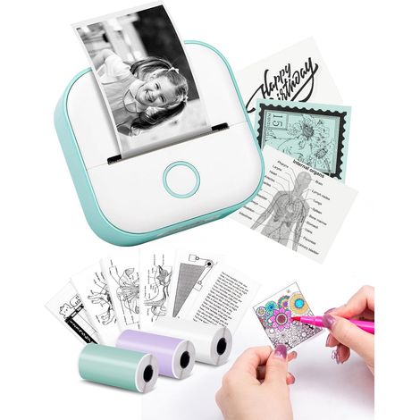 Imprimante thermique portable sans encre Bluetooth, compatible avec les pochettes, idéale pour l'apprentissage du graphisme, des schémas anatomiques et des photos (vert). (1/5)