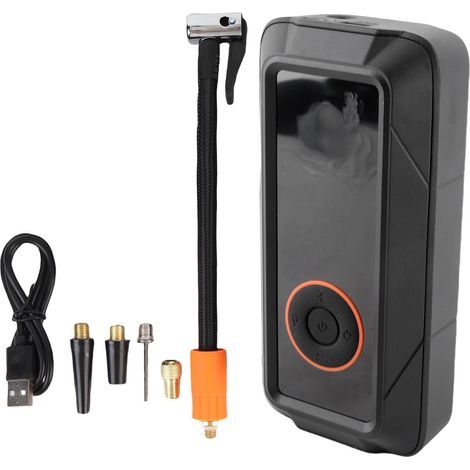 Portable cordless car air pump, automatic tire inflator with 50 PSI, phone charger, two 2000 mAh rechargeable Li-ion batteries, and four pressure measurement units. (1/5)