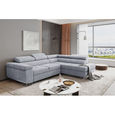 Ecksofa Sofa JADE Stoff Paros Hellgrau mit Schlaffunktion Ottomane Rechts (1/2)