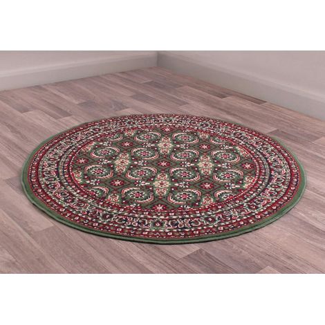 Traditional Poly Esta Bordered Classical Floral Green Rug Floor Mat Carpet Circle 120 x 120 cm (4x4') Round (1/4)