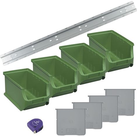 vasalat Stapelboxen 235x150x125mm Gr.3, Sichtlagerboxen für Werkstatt Garage und Lager, Kunststoff grün, 4x Sichtlagerkästen mit Wandhalterung + 4x Trennsteg (1/5)