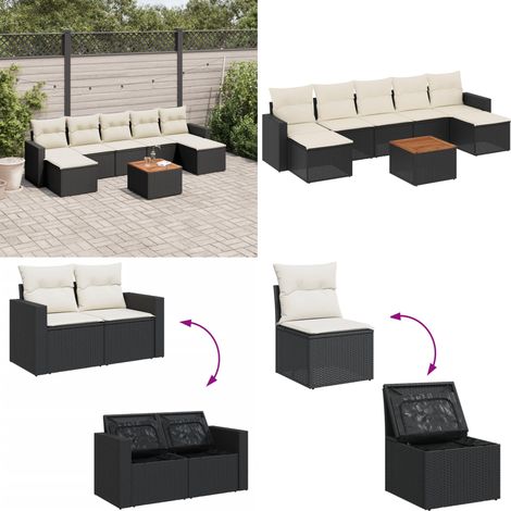 Salon de jardin 8 pcs avec coussins noir résine tressée - Ensemble Salon De Jardin - Mobilier Extérieur - Jardin Design - Chaise Lounge - Set Salon - Home & Living (1/5)