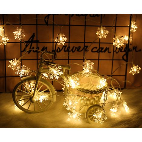 Guirlande lumineuse de Noël en forme de flocons de neige, 6 m, 40 LED, à piles, étanche, idéale pour décorer jardin, terrasse, chambre, fêtes, intérieur et extérieur, blanc chaud. (1/4)