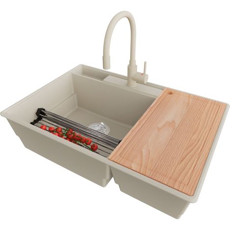 PRIMAGRAN Evier Cuisine en Granit 78x53cm,Lavabo 2 bacs + Robinet 38x14cm + Kit de Vidage + Accessoires, Évier à Encastrer au meuble 80cm - Paris, Beige (1/5)