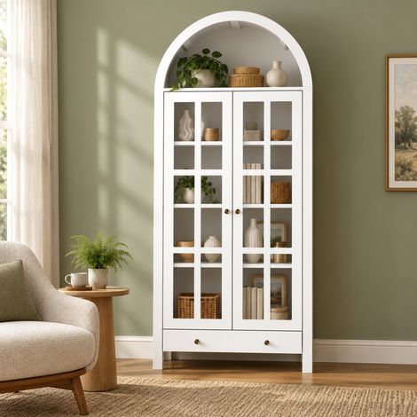 Vitrina alta con arco en MDF blanco, puertas transparentes de acrílico y cajón inferior, 75 x 35 x 170,5 cm, para salón, despacho o comedor -FLORAGRACE (1/5)