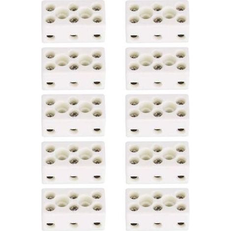 Lot de 10 borniers en céramique à 3 voies pour câble électrique, connecteurs en céramique porcelaine haute température 24 A, 3 positions 8 trous 33.53x17.85x15.50mm (1/4)