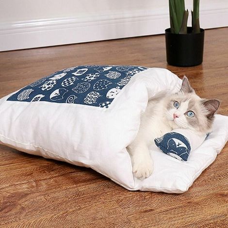 1 Sac de couchage pour chat, Lit niche semi-ouvert avec coussin amovible, Tapis doux lavable machine, Motif chat bleu (1/5)