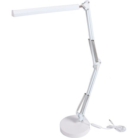 Lampe de bureau à bras articulé, pliable, avec port USB et LED multi-articulations, base ronde blanche. (1/5)
