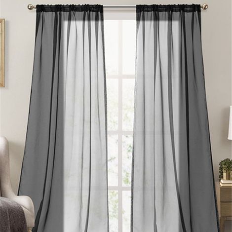 Rideaux Voile en Térylène Unis – Translucides et Fluides – 140 x 214 cm – Lot de 2 – Idéal Salon, Appartement et Villa (Noir)-lsw