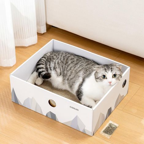 Griffoir pour Chat avec Boîte,Grattoir Chat, 1-Pack,Très Grand,Blanc (1/5)