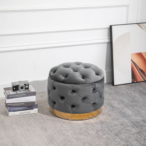 Tabouret vintage, Banc Repose-pieds avec rangement, Tabouret rembourré, Métal, Mousse, Gris Charbon, 55 x 55 x 42 cm (1/5)