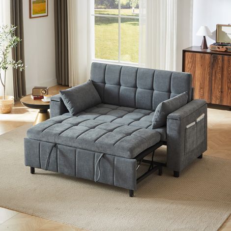 Sofá cama 3 en 1 de chenilla gris con almacenaje en los reposabrazos y estructura metálica (1/5)