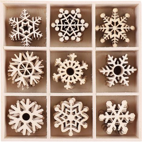 Amosfun Lot de 72 décorations de Noël à suspendre, en bois, en forme de flocons de neige, pour les fêtes de fin d'année. (1/5)