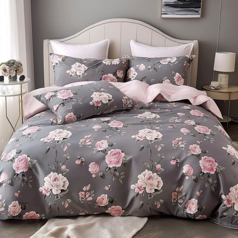 Parure de lit réversible 3D avec housse de couette 135 x 200 cm et 1 taie d'oreiller 80 x 80 cm avec fermeture éclair Motif floral Rose/gris/rose (1/5)