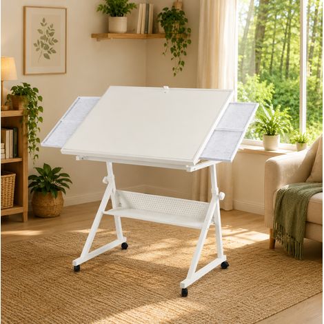 Mesa de puzzle regulable en altura e inclinación, 4 bandejas, ruedas, para 1500 piezas, blanco (1/5)