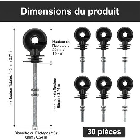 Isolateur Clôture Électrique, M6 x 145mm, Acier Galvanisé Isolateur à boulon pour piquet fer, acier galvanisé Long, tige filetée 95mm, Élevage et Clôture Électrique (1/4)