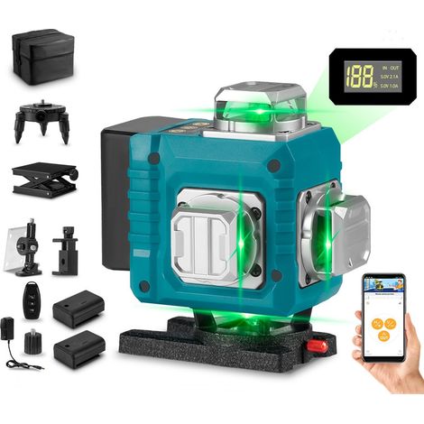 Niveau laser 4D avec nivellement automatique et mode manuel, Distance de Travail 25 m, vert,16 Lignes, haute précision ± 1 mm,2 x Batterie