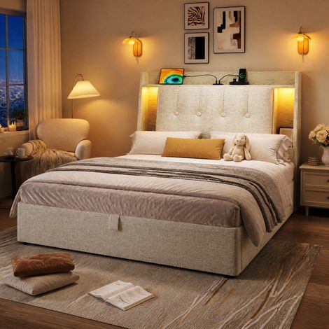 Bettkastenbett 90 x 200 cm aus Leinen mit LED, USB und Typ-C, beige HAVRYA (1/5)