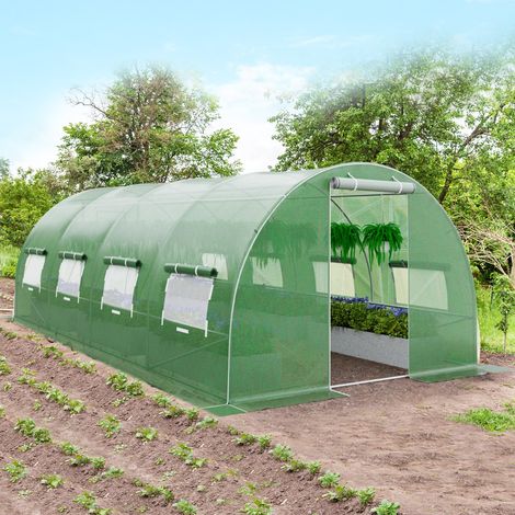 Serre de Jardin Tunnel Cadre en Acier Galvanisé Robuste Serre Tunnel Coupe-vent avec Cerceau 8 Fenêtres Enroulables Vert (1/2)