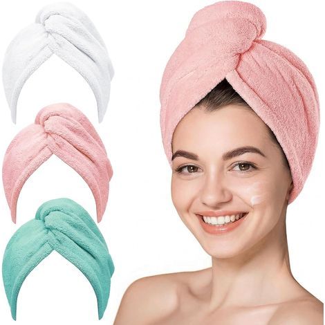 Set mit 3 Mikrofaser-Haarhandtüchern, Mikrofaserhandtuch mit Knopf, super saugfähig, schnelltrocknend, Haarpflege, für Frauen und Kinder, langes, kurzes, lockiges Haar (Rosa, Lila, Grau) (1/5)