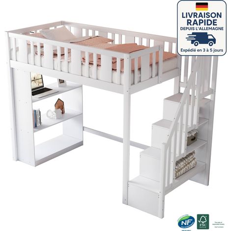 Letto a soppalco in legno per bambini 90 x 200 - Con scaletta portaoggetti e ringhiera di sicurezza - Ampio ripiano portaoggetti sul lato sinistro - Legno certificato PEFC - Bianco (1/5)