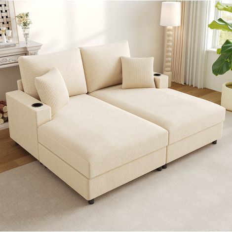 Sofá cama de 2 plazas con función cama, soporte para teléfono, USB y portavasos, beige (1/5)