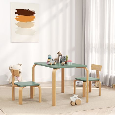 Kindertisch mit Stühlen, Set aus Holztisch und 2 Kinderstühlen zum Malen, Spielen und Lernen, 78 x 53 x 53 cm, grün