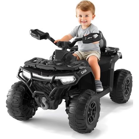 12V Electric Car, Kids Electric Ride on Cars, LED, USB, Volume Control, Bluetooth Music and Anti-Skid Tires, Ride-on ATV Car, Ages 3-8, Black