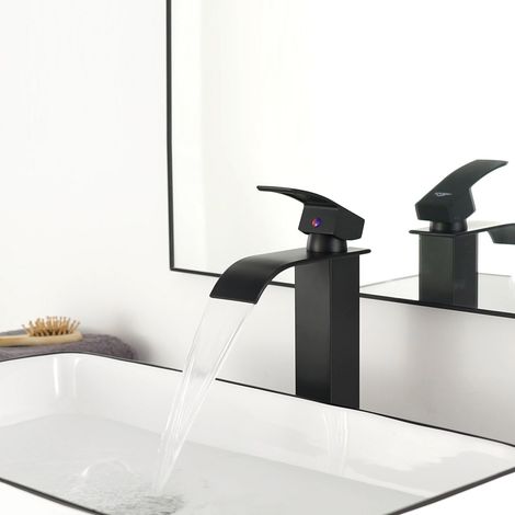 Auralum Schwarz Wasserfall Wasserhahn Bad Einhandmischer Waschtischarmaturen, Wasserhahn Aufsatzwaschbecken für Badezimmer (1/5)