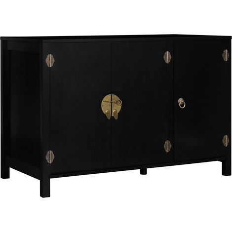 Idmarket – Buffet bas 110 cm 3 portes en MDF noir satiné – Design asiatique chic – Étagères multi position – Dimensions L. 109,5 x l. 40 x H. 70 cm