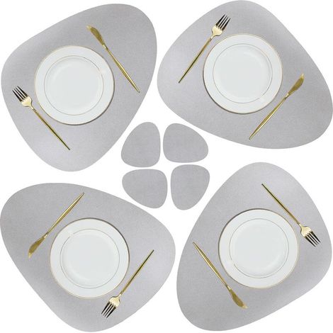 Set de Napperon et sous-Verres en Cuir, Tapis de Table de Nol Antidérapants Essuyables Imperméables pour Cuisine Intérieure Table à Manger Restaurant Fête Barbecue Extérieur (Gris Clair) (1/5)