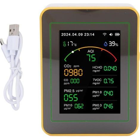 Détecteur de qualité de l'air 15 en 1 WIFI APP Contrôle CO2 HCHO TVOC PM0.3 PM1.0 PM2.5 PM10 Température Humidité Date Heure Horloge Minuterie Testeur Blanc Jaune (1/5)