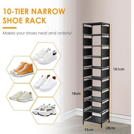 Youyijia 10 Tier Narrow Shoe Rack, Tall Metal Shoe Storage Rack for 10 Pairs Shoes 33x28x161cm Corner Shelf Shoe Space-Saving Organiser Shelf for Bedroom Entryway Hallway Dorm Room Cloakroom (Black) (1/5)