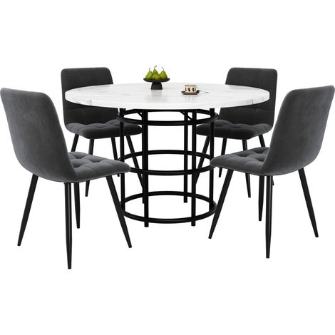 Ensemble table ronde 100cm (5 pièces) - Plateau MDF blanc + 4 chaises velours gris - Cuisine/salle à manger (1/5)