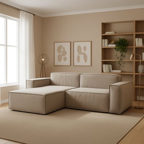 Dmora - Canapé fixe Dkivil, Canapé modulable 2 places avec péninsule gauche, 100% Made in Italy, Canapé moderne en tissu, Cm 220x170h70, Tourterelle (1/5)
