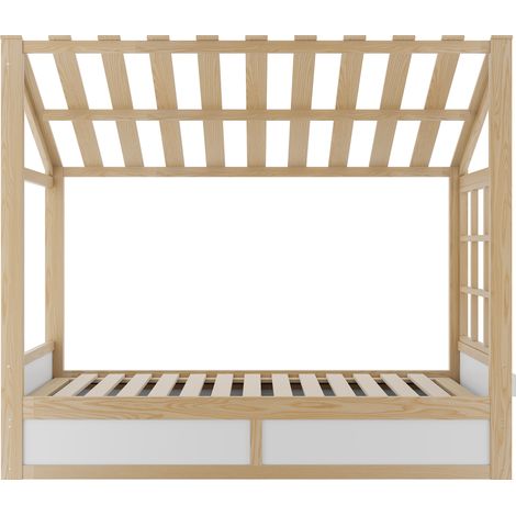 Lit cabane 90x200 avec toit et fenêtre, lit enfant bois et blanc avec coffre de rangement hydraulique et étagères latérales. (1/5)
