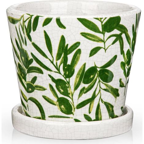 Keramik-Blumentopf 14cm mit Olivenblattmuster und Untersetzer (1/5)