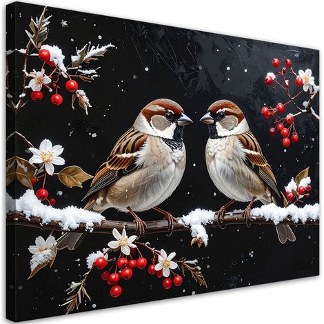 Quadro su tela, Uccelli su un ramo in inverno e frutti di sorbo, 30x20 (1/5)