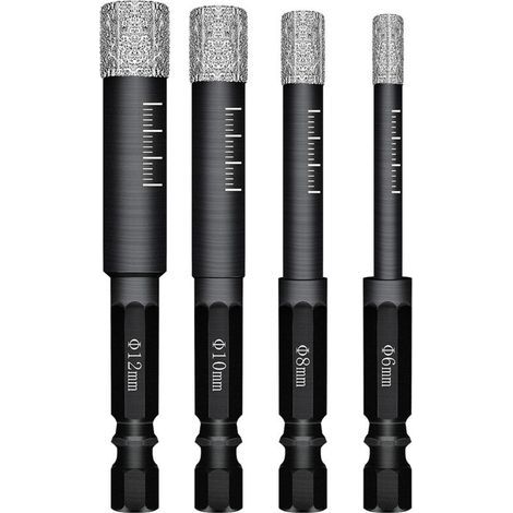 Lot de 4 Forets Mèches diamant pour Carrelage Céramique Grès Cérame Tuiles Verre Pierre. Céramique Drill Bits Tool - 6mm 8mm 10mm 12mm (1/4)