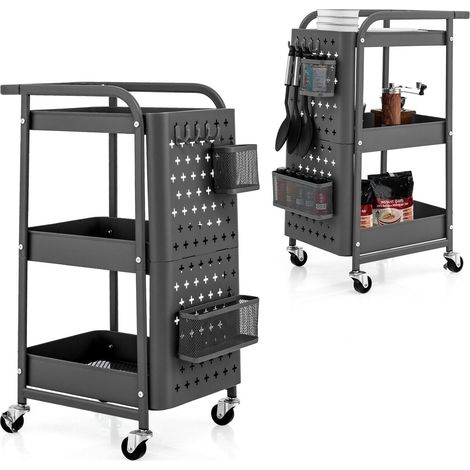 3-Tier Rolling Cart Storage Trolley Organizer w/ DIY Dual Pegboards 2 Baskets (1/5)