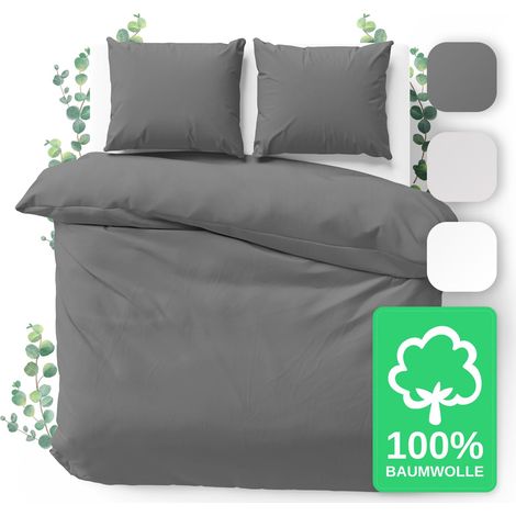 Parure de lit 155x220 - Ensemble 100% coton Housse de couette 155x220 cm + 2 taies d'oreiller 80x80 cm, Parure de lit en percale 3 pièces avec fermeture éclair (155x220cm, Anthracite, 3 (1/5)