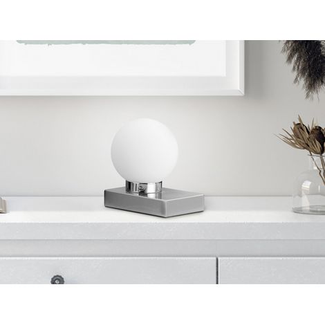 LED Tischleuchte Glaskugel Weiß Sockel Silber - Touch dimmbar, Höhe 15cm (1/5)