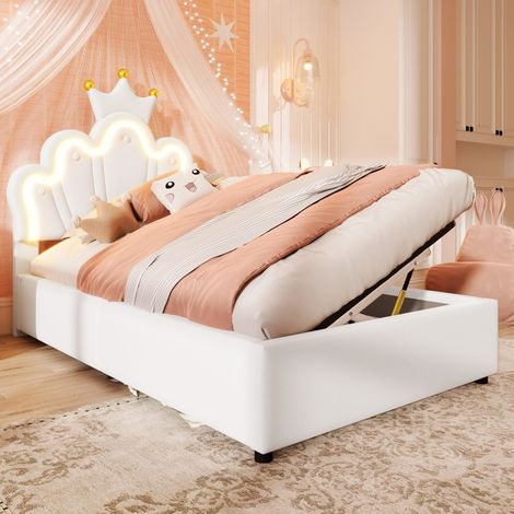 Lit coffre 90x200cm - Lit enfant 90x200 rembourré simili-cuir en forme de couronne princesse avec rangement hydraulique et LED - Blanc (1/5)
