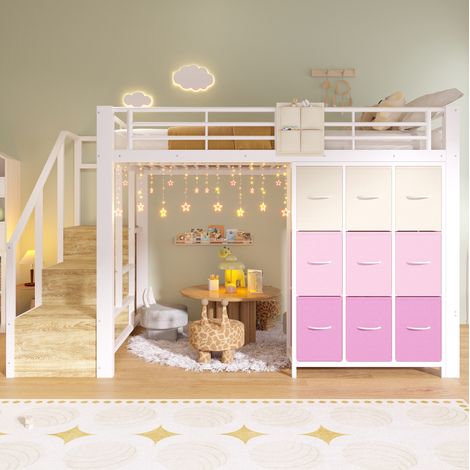 Hochbett 140x200 cm mit Schubladen, Kleiderschrank und Treppe mit Aufbewahrung in Weißmetall, ohne Matratze (1/5)