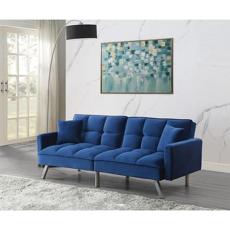 Sofa Bed 2 Seater Blue Velvet Click Clack Sofa Settee Recliner Couch with Metal Legs 2 Pillows (1/5)